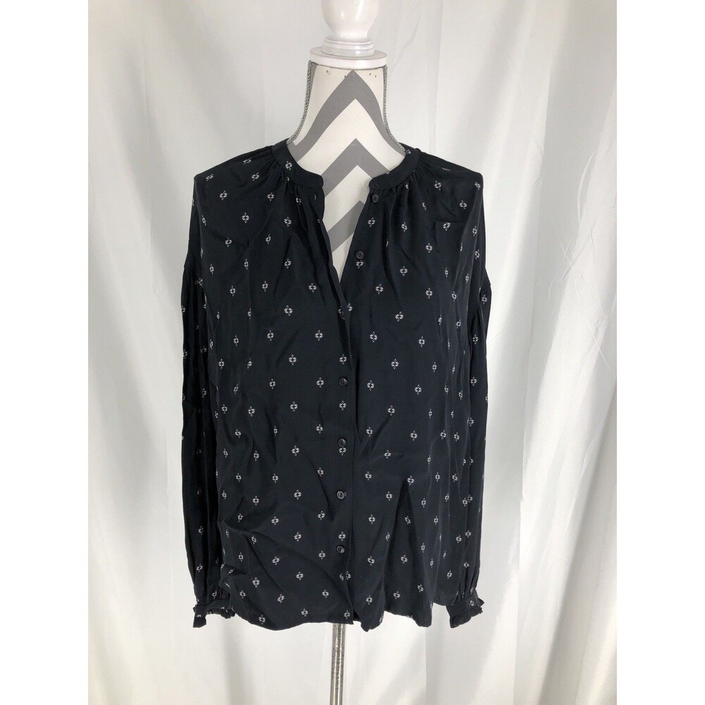 Something navy Women’s Black floral Button Front Long Sleeve Boho Blouse Size SM